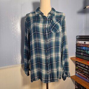 Country Living Medium Green Plaid Lace Detail Classic Button Up Plaid Shirt